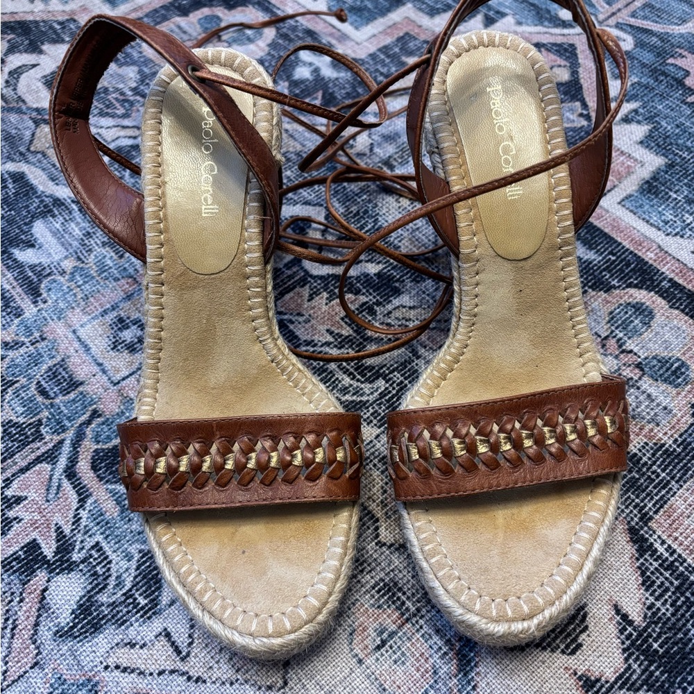 Brown Espadrille High Heel Sandals with Ankle Strap